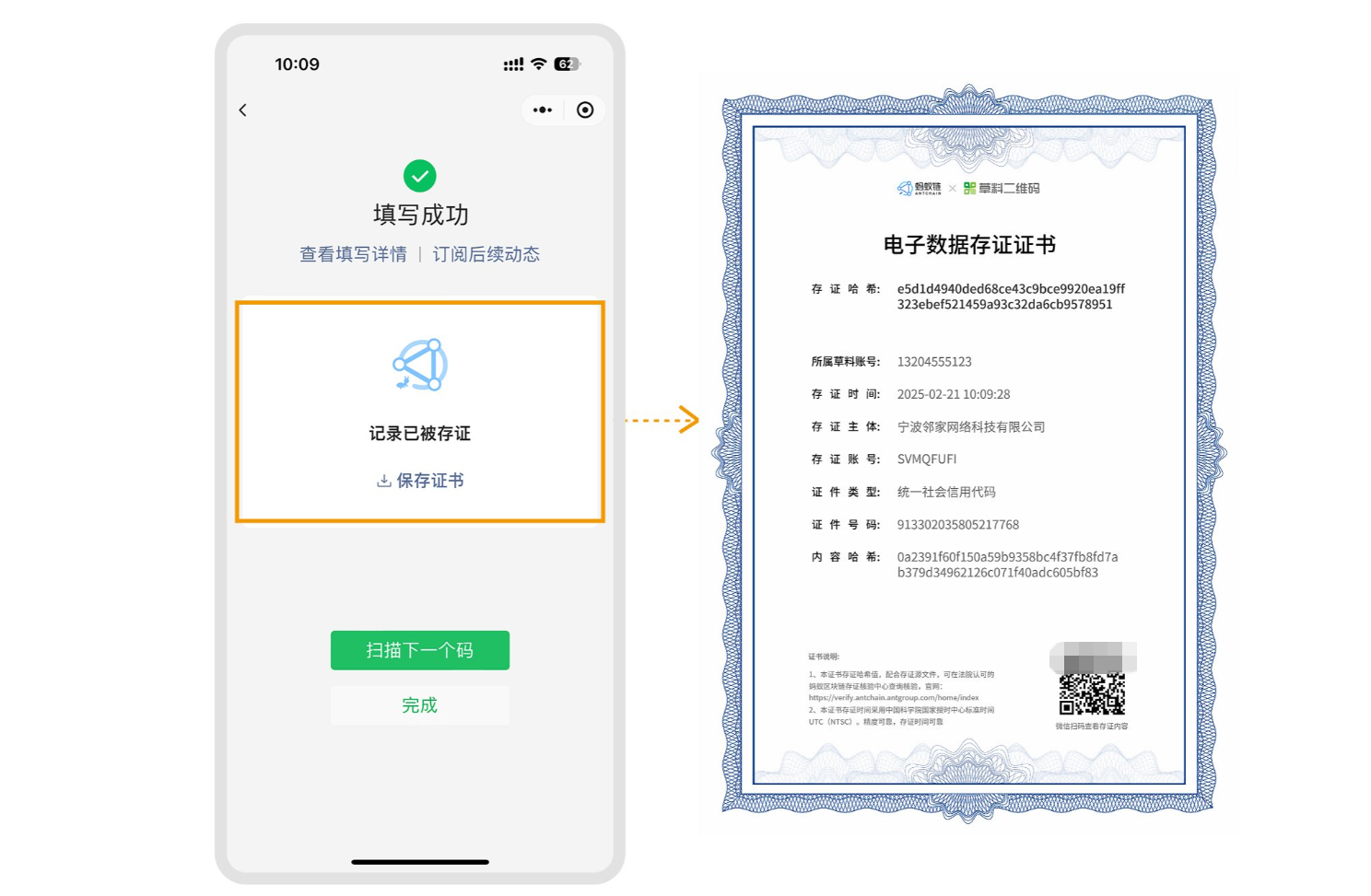 草料二维码区块链存证示意图