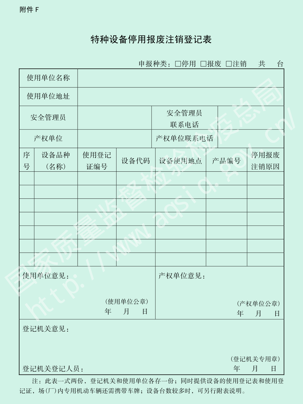 附件F 特种设备停用报废注销登记表