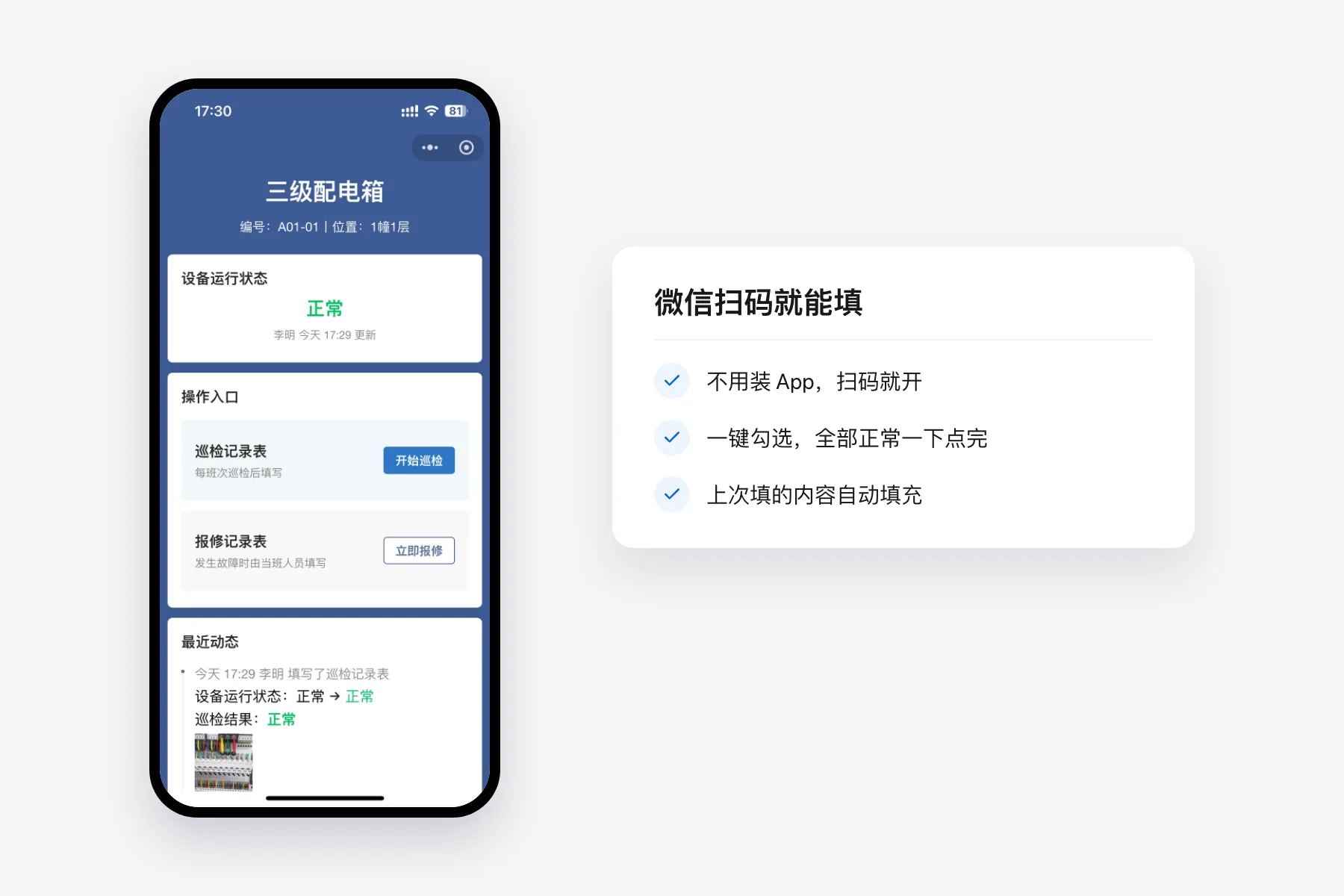手机扫码打开的三级配电箱设备页,显示设备运行状态正常、巡检记录表和报修记录表入口、最近动态;旁边卡片列出不用装 App 扫码就开、一键勾选、上次填的内容自动填充