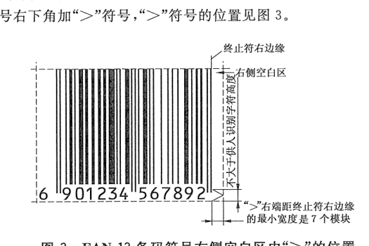 图3 EAN-13条码符号右侧空白区中“>”的位置