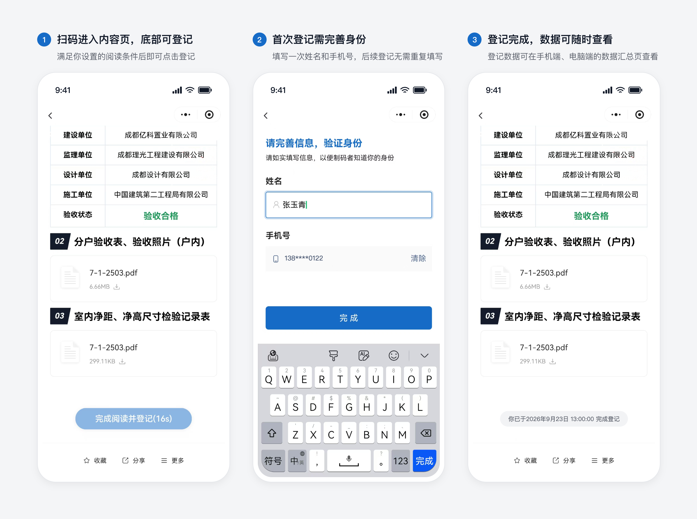 二维码阅后登记：扫码进入内容页满足条件后登记，首次登记填写姓名和手机号，登记数据可随时查看